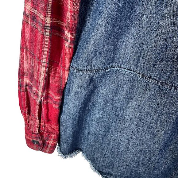 Free People Womens M Road Trip Getaway Flannel and Denim Button Down Shirt Plaid - Picture 6 of 10